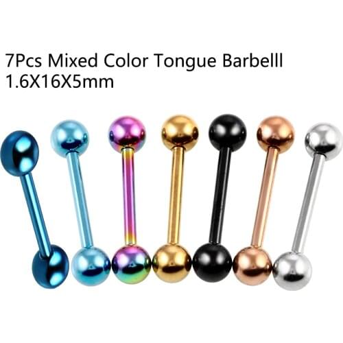 7pcs 14g Surgical Steel Titanium Anodized Tongue Straight Barbell Rings Piercing Tongue Retainer Body Jewelry 14g