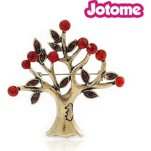 Hot Sale Fashion Women Elegant Jewelry Vintage Inspired Siam Red Crystal Tree Brooch Pins In Antique Gold Plating - 55mm L