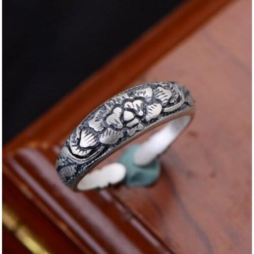 Sterling Silver Ring Fine Silver Luck Wealth Flower Band Ring 6mmW Open Size Gift For Women