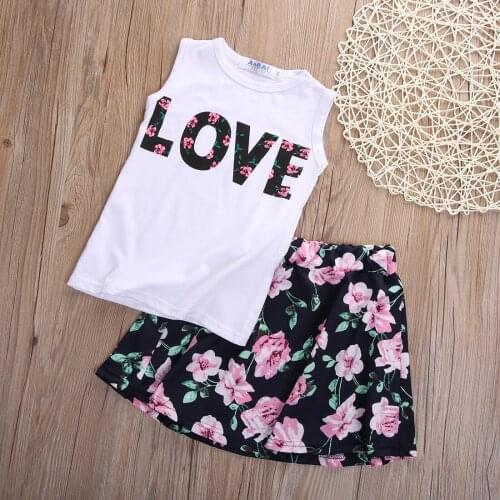 2PCS Toddler Infant Floral Baby Kids Girl Dress Sleeveless Casual Top T Shirt Skirt Outfit Set Clothes