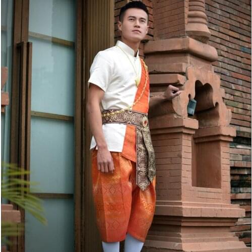 Islands Countries Travel show Garment summer Beige Brown Outfit Thailand style Dai Festival clothing Shirt +Pants + waistband