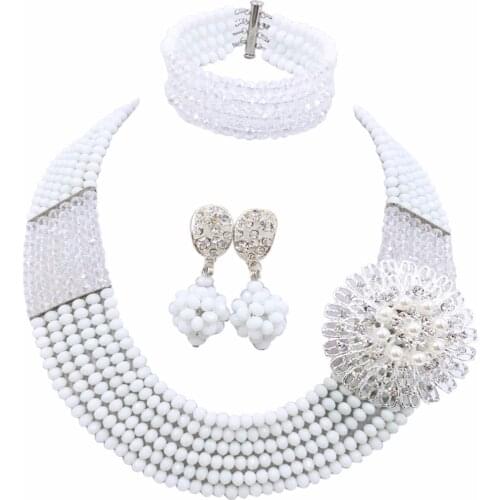 Fashion White Clear AB Nigerian Wedding Beads Statement Necklace African Jewelry Set for Women Crystal 6-SS17