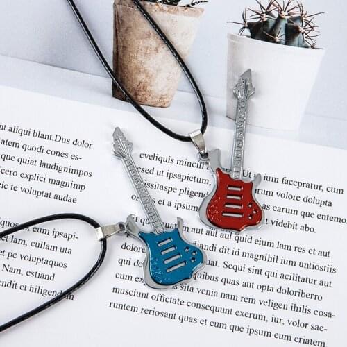 Men Punk Rock Music Jewelry Rinhoo Trendy Leather Chain Guitar Necklace For Gift Stainless Steel Necklace Pendant Wholesale