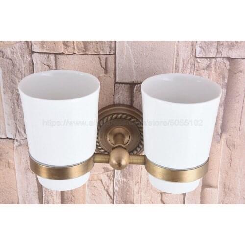 Bathroom Accessory Wall Mounted Antique Brass Toothbrush Holder with Two Ceramic Cups zba224