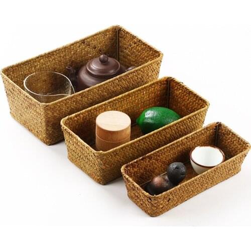 Handmade Woven Storage Boxes Straw Storage Baskets Rectangle Cosmetic Gadgets Toys Basket Bathroom Organization