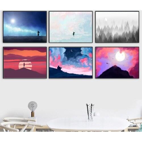 Home Decoration Poster Canvas Painting Nordic Style Cartoon Colorful Girl Moon Sun Forest Bird Modular Pictures Wall Art Printed