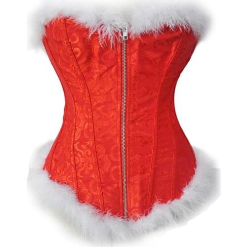 Christmas flannel sexy fur overbust red leather corset vintage steel boned zipper waist corsets&bustier gotico women corselet