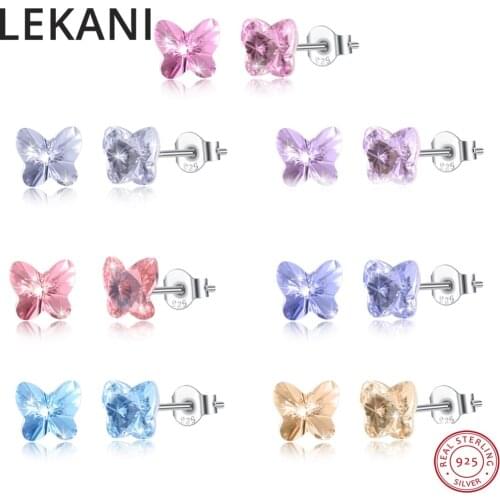 LEKANI Crystals From SWAROVSKI ELEMENTS Butterfly Stud Earrings Cute Piercing S925 Silver Simple Fine Jewelry For Women Girls