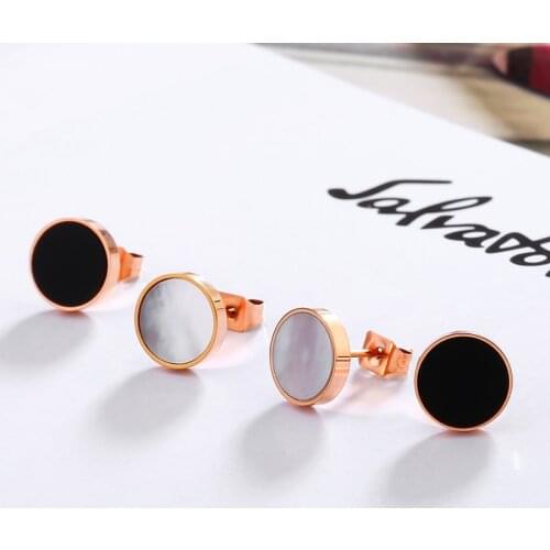 YUN RUO Fashion Brand Rose Gold Color White Black Round Enamel Stud Earring for Woman Man Couple 316 L Stainless Steel Jewelry
