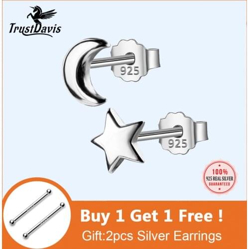 Trusta 100% 925 Sterling Silver 2017 Women Jewelry Fashion Cute Tiny Asymmetric Moon Star Stud Earrings For Daughter Girls DS127