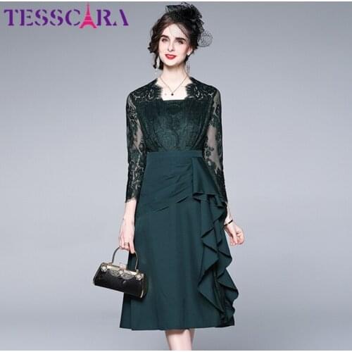 TESSCARA Women Spring Elegant Lace Dress Festa High Quality Long Vinatge Party Robe Femme Ruffle Designer Green & Black Vestidos