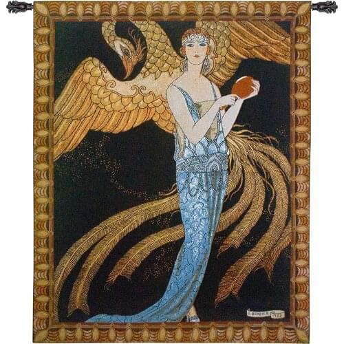 George Woven Tapestry Wall Art Hanging Golden Phoenix and Woman Classic French Illustration