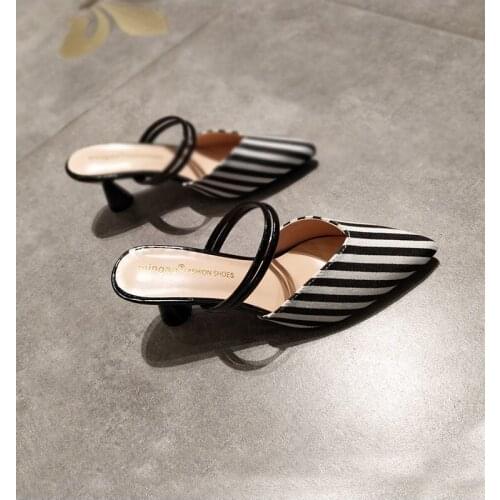 Spring and Summer Pointed Toe Baotou Slippers Womens Outer Wear One Word Belt Two Wear Stiletto Cat With Half Drag Fashion