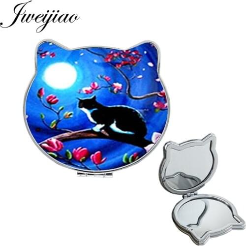 JWEIJIAO dark blue Moonlight Beauty cat on the branch Health makeup mirrors Sides Double Compact Magnifier mirror gift JS50