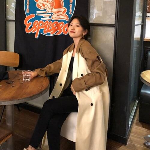 Mid Long Windbreaker Overcoat 2021 Autumn Female Korean Fashion Long-Sleeved Turn Down Collar Double Breasted Loose