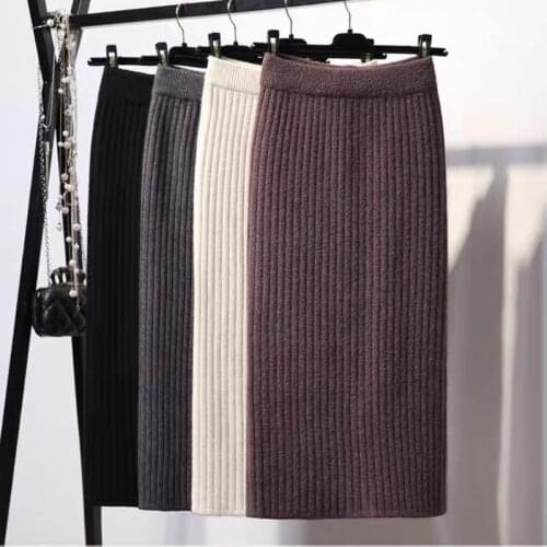 Knitted Skirts For Women Autumn Winter 2021 Thick Korean Fashion Slim Wrap Hip Black Elegant Split Midi Skirt Femme