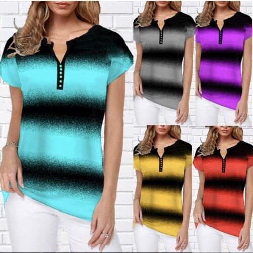 Buttons Women T-shirts Casual Harajuku Striped Printed Tops Tee Summer Female T shirt Short Sleeve T shirt For Women Clothing