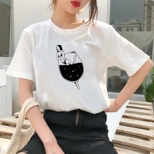 Woman With Wine Glass Away Print Women Tshirts Korean Style Short Sleeve Harajcku Tumblr Mujer O-Neck Cartoon Tee Shirt Clothes