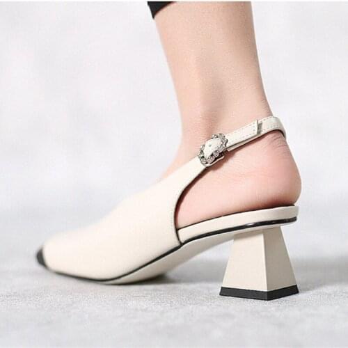 4.5cm med heels square toe shallow mixed colors French romantic buckle straps write apricot handmade women shoes HL356 MUYISEXI