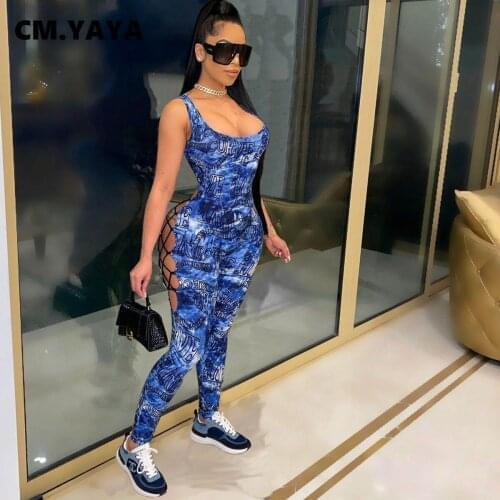 CM.YAYA Women Jumpsuit Print Sleeveless Criss-cross Lace Up Sheath Elastic Bodycon Jumpsuits Female Casual High Street Outfit