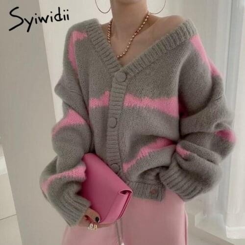 Syiwidii Striped Sweater Woman Cardigan Tops Fall 2021 Korean New Knitted Jackets Single Breasted V Neck Long Sleeve Loose Coats