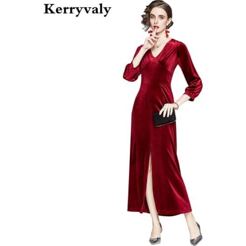New Banquet Temperament Famous High Waist Open Fork Velvet Dress Women Long Sleeve Sexy Long Party Dress Robe Femme K3654