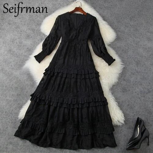 Seifrmann New 2021 Women Spring Fashion Designer Party Long Dress Embroidery Ruffles Lantern Sleeve Black Printed A-Line Dresses