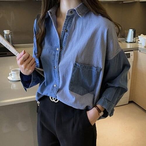 2021 New Womens Blouses Denim Shirts Patchwork Stripes Pocket Casual Office Lady Single Breast Loose BF Long Sleeve Woman Top