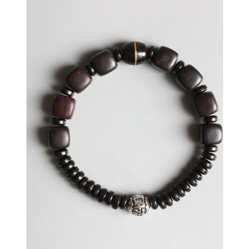 Natural Black Sander Wood Cube Beads Copper Carved Six True Words Mantras Charm Bracelet Men Women elastic Jewelry Gift