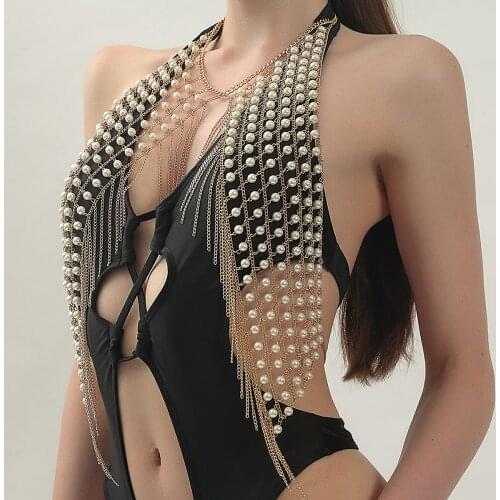 Body chain waist chest belly chain-Sexy pearl tassel Sequins rhinestone Hollow jewel skirt waist chain for Europe and America