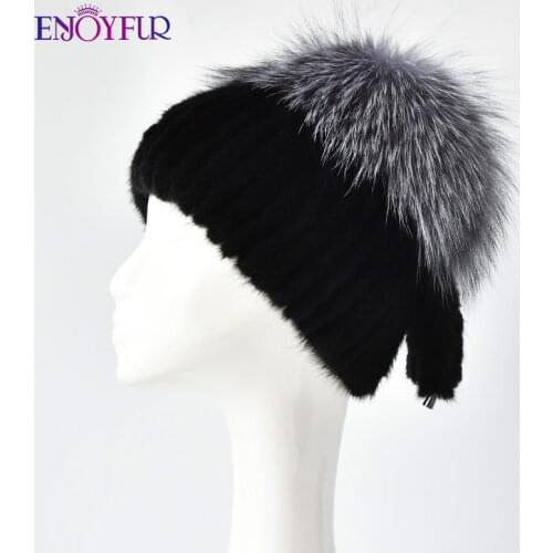 ENJOYFUR Warm Women Mink Fur Hats Hand Woven Real Fox Fur Winter Caps Double Lined Russian Style Female Brand Ski Earflap Beanie