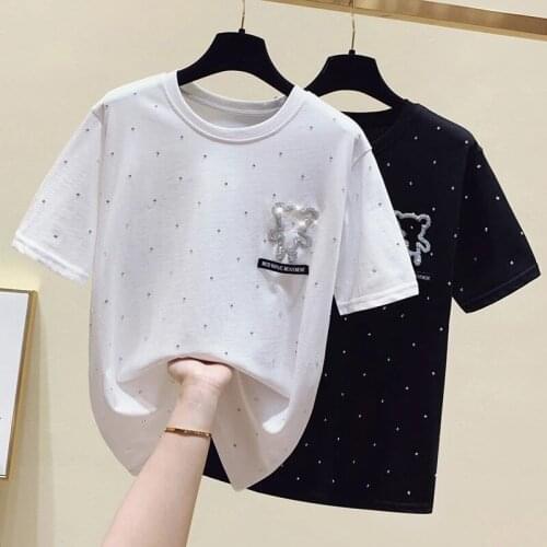 GGRIGHT Summer Black Beaded Polka Dot T shirt Women Tops Loose Casual White Tshirt Short Sleeve Plus Size Tee Shirt Femme 2021