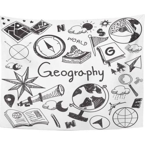 Tapestry Geography and Geology Education Subject Handwriting Doodle of Earth Exploration Map Sign Symbol Tapestries Wall Hanging