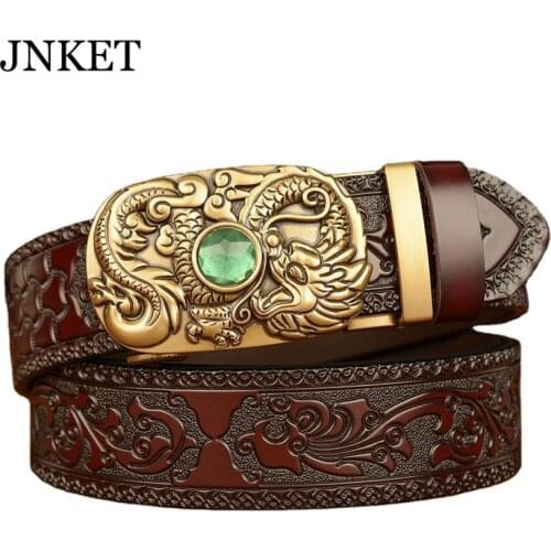 JNKET New National Wind Tang Grass Pattern Carved Mens Belt Corium Waist Belt Automatic Buckle Belts