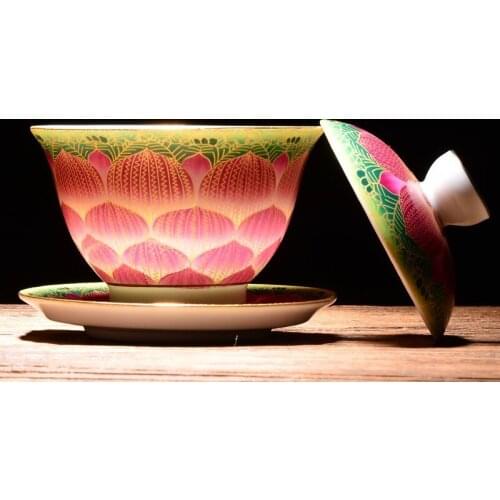 China Jingdezhen covered bowl tea cup color enamel large size ceramic Japanese kungfu teacup utensil handmade lotus tureen