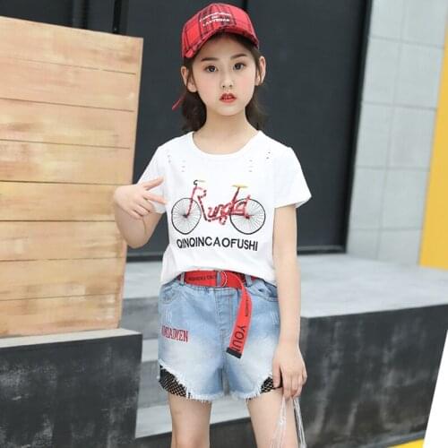 Kids Girls Summer Clothes Sets Bicycle Flowers and Denim Shorts 2PCS Children Clothing Girl 4 5 6 7 8 9 10 11 12 Year Suits
