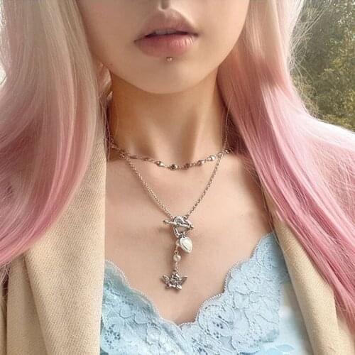 Korea Love Angel Metal Clavicle Necklace for Women Y2K Clavicle Chain Vintage Short Necklace Imitation Pearl Pendant Necklace