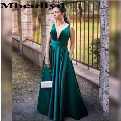 Mbcullyd Dark Green Prom Dresses Long 2020 V-neck With Pocket Evening Party Dress For Women Backless Floor Length robe de soiree
