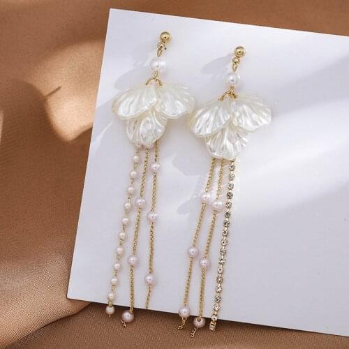 Trendy Temperament Long Pearls No Hole Clip Earrings Imitation Pearl Shell Tassel Long Clip on Earrings on Pierced Ears Women