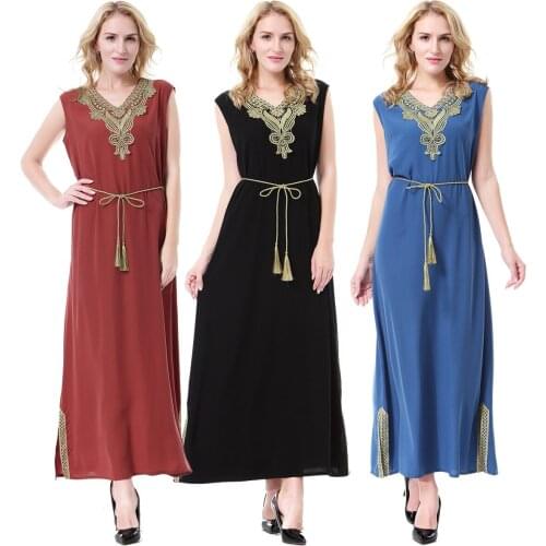 Muslim Arab Middle Eastern Women Dubai Saudi Malaysia Robe Long Skirt Dress Embroidery Blue Black