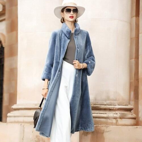 Real Women Long Winter 200% Natural Merino Sheep Coat Shearling Genuine Leather Jacket Mink Fur Collar ED7002-70942