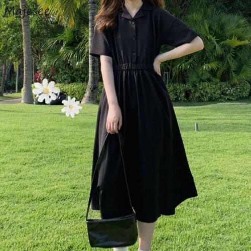 Dress Preppy Solid Black Simple Mid-calf Fashion Summer Turn-down Collar Students Ulzzang Office Street All-match Leisure Loose