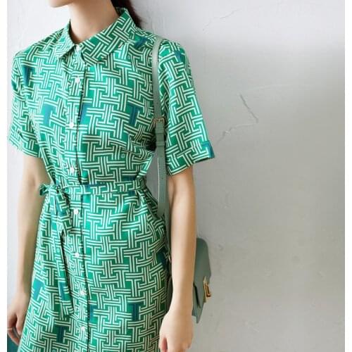 Dress New green Silk printed silk childrens summer short sleeve A-shape