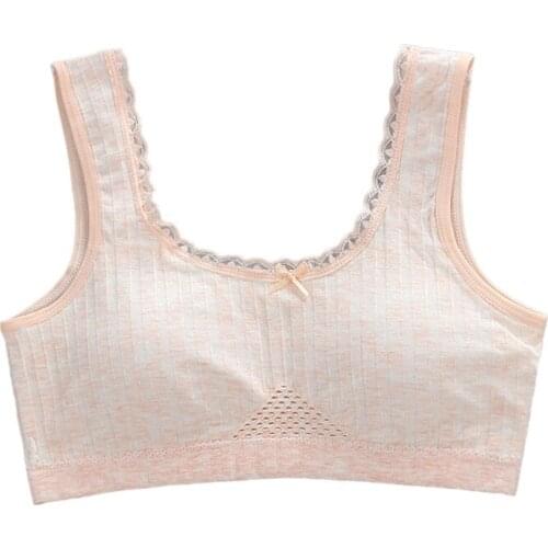 Teenage Young Girl Cotton Training Bra Mesh Patchwork Lace Solid Color Bralette Wireless Padded Puberty Vest Crop Top 69HE