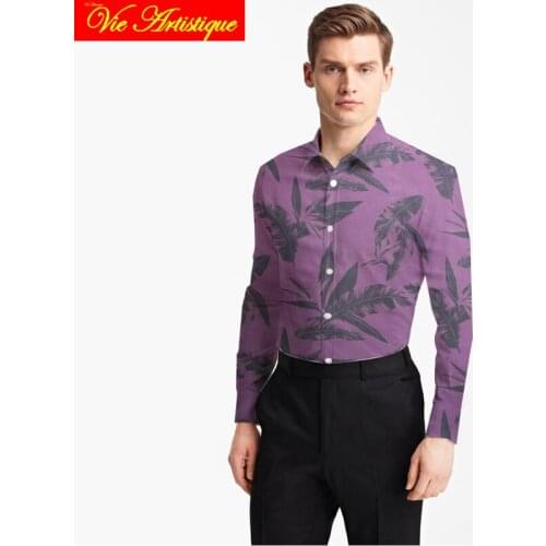 Custom tailor made Mens bespoke cotton floral shirts business formal wedding ware blouse purple print grey leaves flower