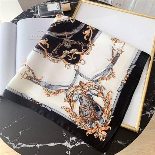 2021 Spring Square Scarf for Women Design Chain Print Silk Feeling Hair Band Foulard Female Office Neckerchief Lady Bandana