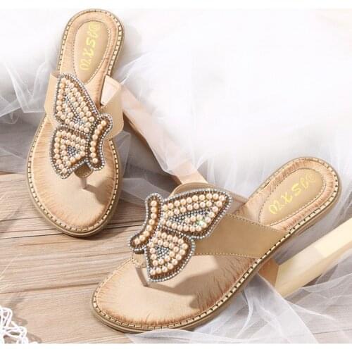 Summer Women Shoes Flat Beach Slippers Bling Rhinestone Flip Flops Non-slip Open Toe Sandal Flats Large Size Womans Beach Shoes