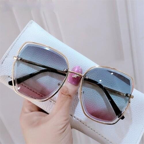 Vintage Sunglasses Women Designer Cutting lens Sun Glasses Ladies Fashion Tea Blue Gradient Eyewear Shades UV40