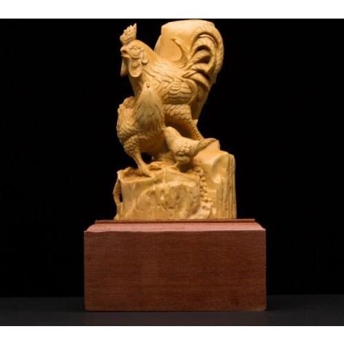Annunciation Zodiac Chicken Animal Decoration Golden Chicken Announce Boxwood Carving Wood Home Carving Collection Animal Statue