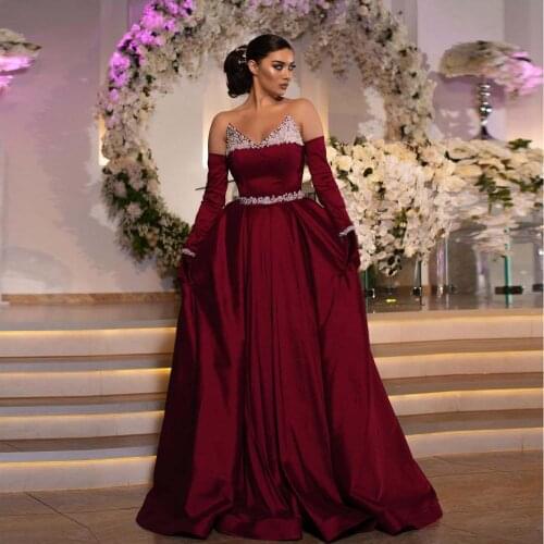 Maroon Simple Elegant Moroccan Caftan Evening Dress Floor Length A-line Strapless Beadings Pearls Prom Dress Custom Made